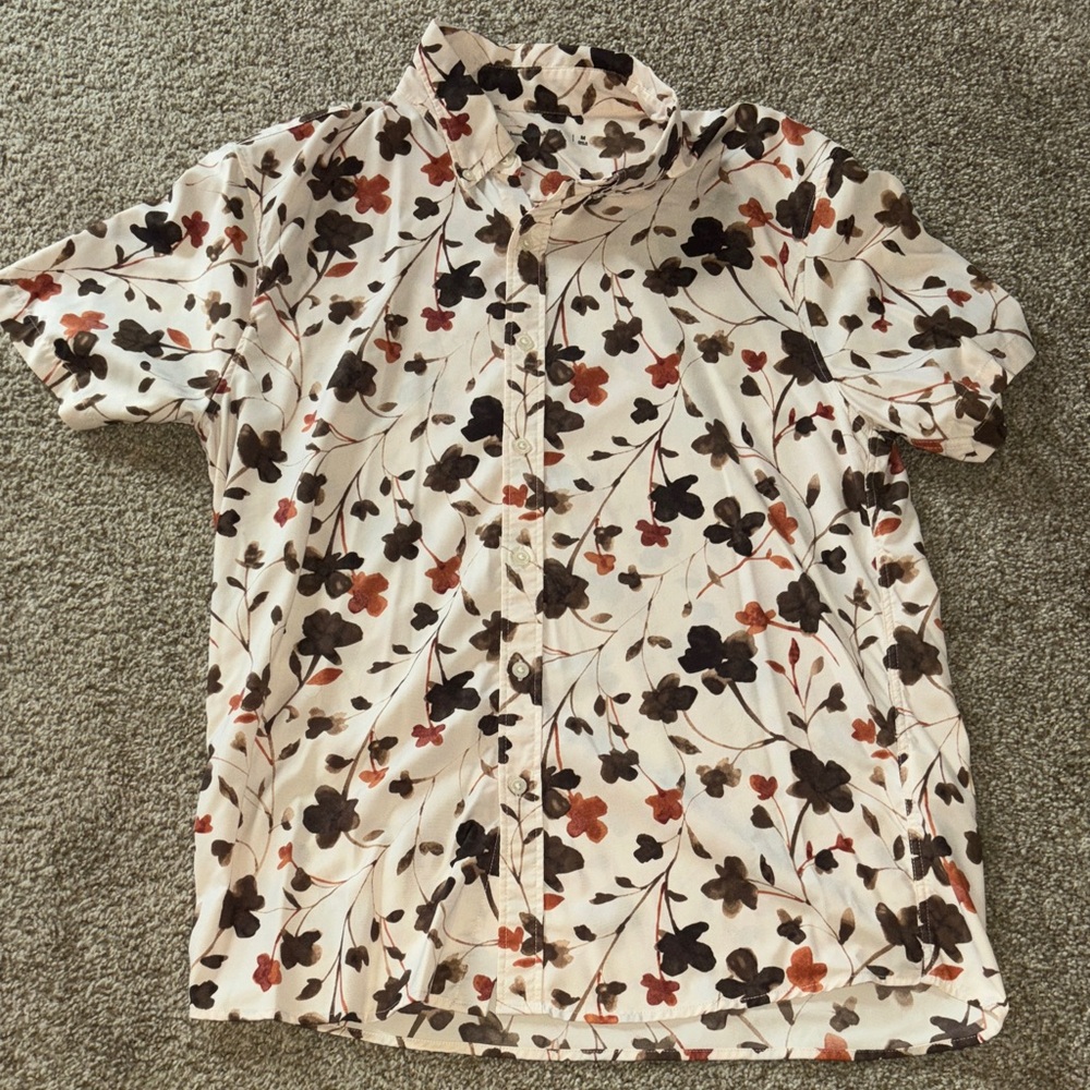 Men's Floral Button Down Shirt - Cream with Orange and Brown Accents
